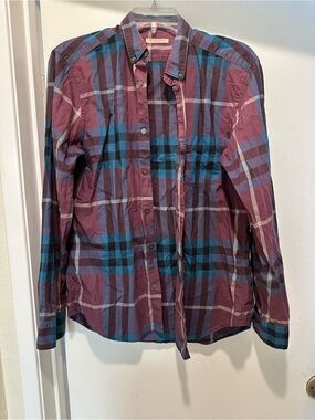 Burberry Men’s Purple Plaid Buttoned Down Shirt Size Medium